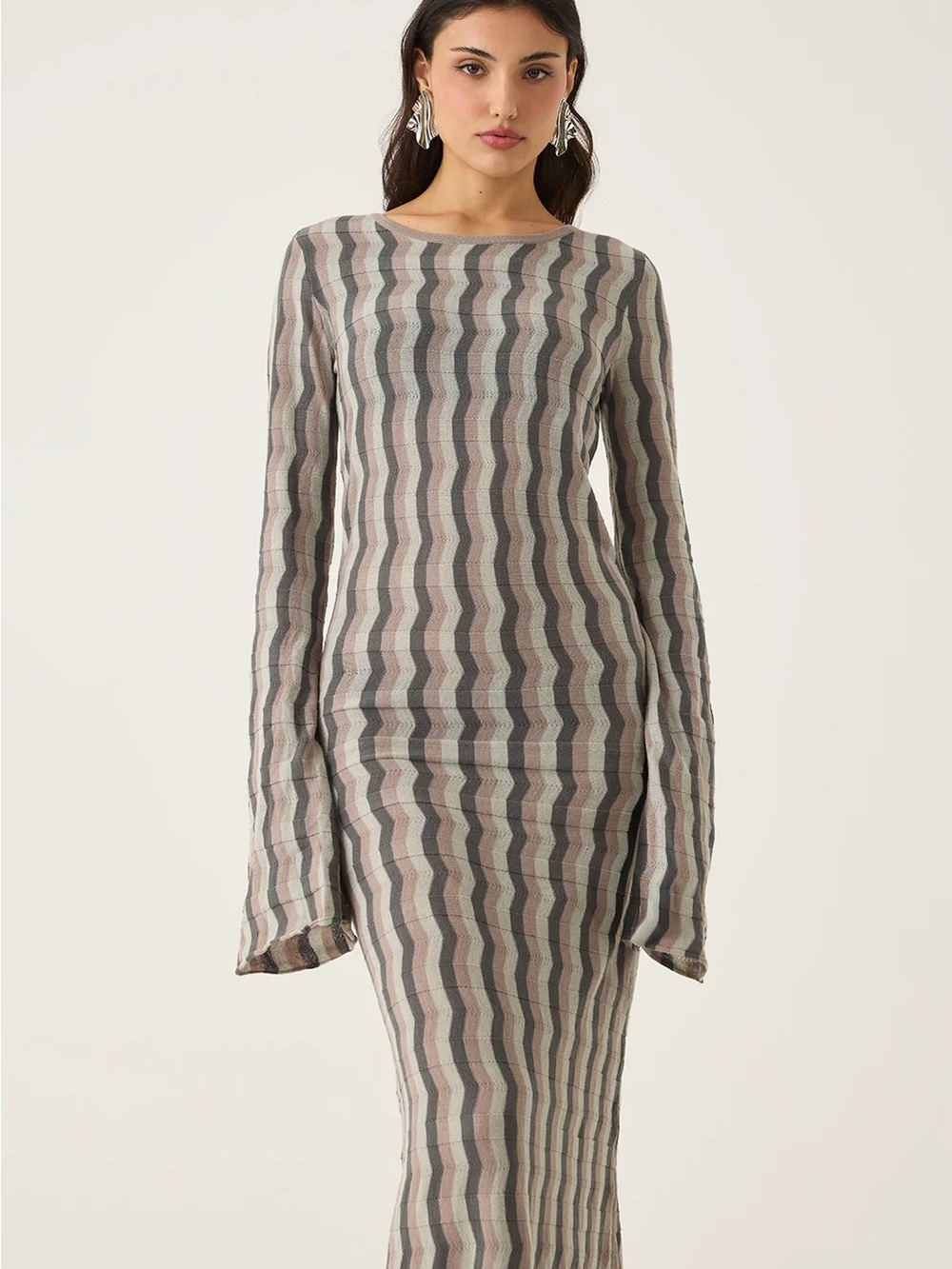 Lyra Boho Dress NWT Grey Wave Stripe Maxi XS/S